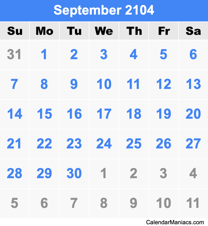 September 2104 Printable Calendar September 2104 Calendar