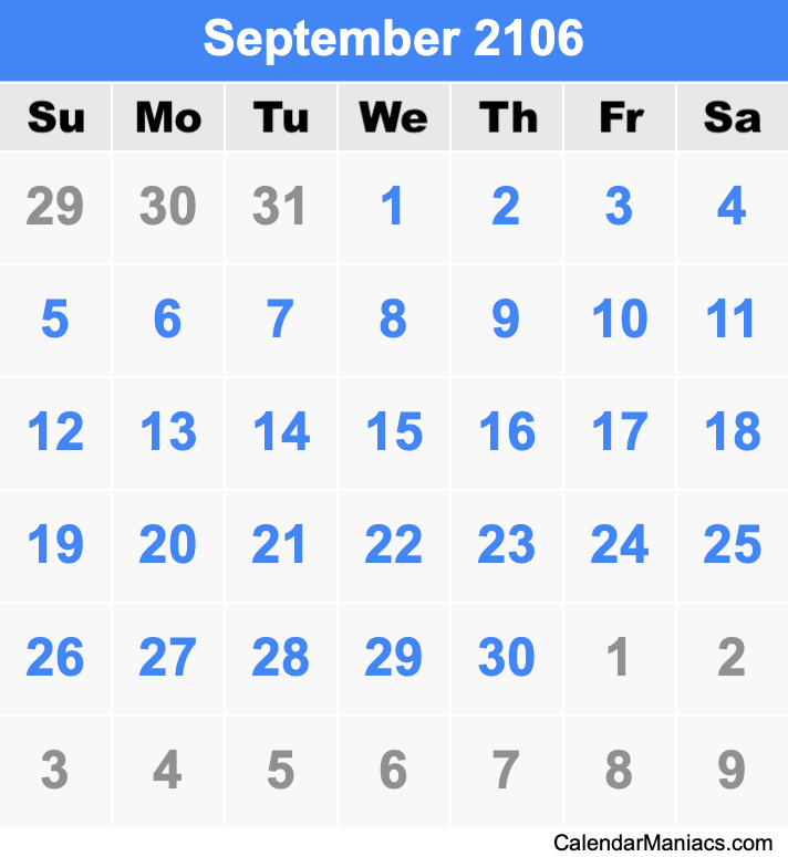 September 2106 Printable Calendar September 2106 Calendar
