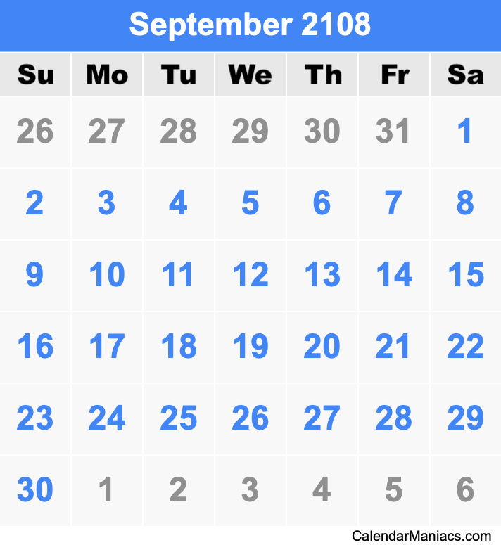 September 2108 Printable Calendar September 2108 Calendar