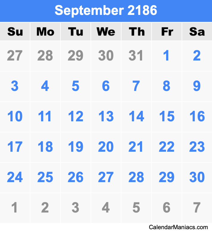 September 2186 Printable Calendar September 2186 Calendar