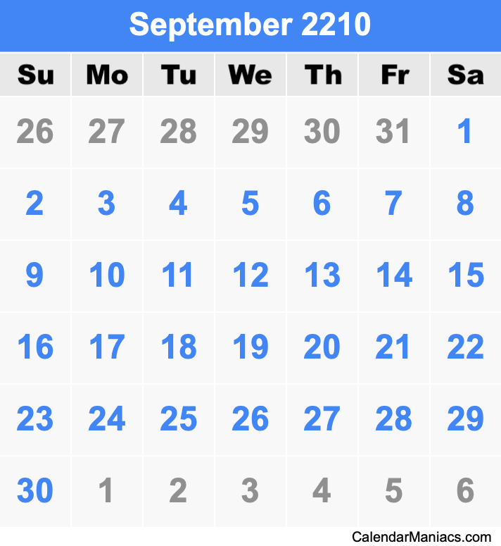 September 2210 Printable Calendar September 2210 Calendar