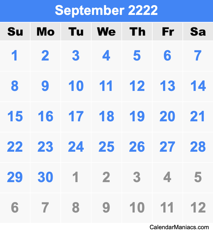 September 2222 Calendar