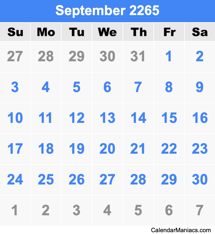 September 2265 Printable Calendar September 2265 Calendar