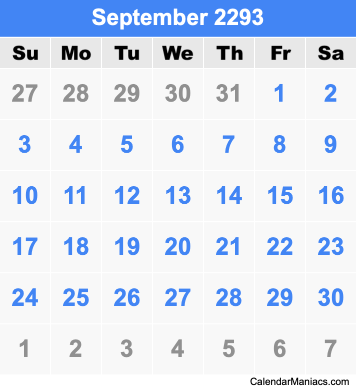 September 2293 Printable Calendar September 2293 Calendar
