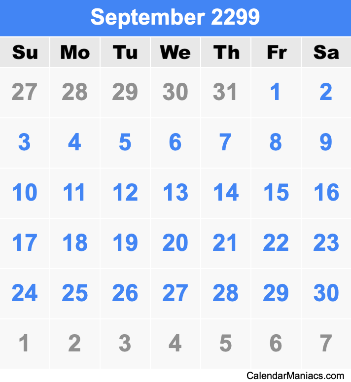 September 2299 Printable Calendar September 2299 Calendar