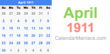 April 1911 Calendar April 1911