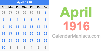 April 1916 Calendar April 1916