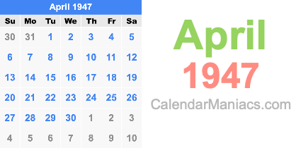 April 1947 Calendar April 1947