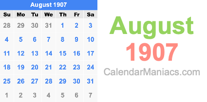 August 1907 Calendar August 1907