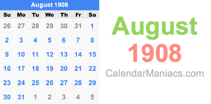 August 1908 Calendar August 1908