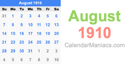 August 1910 Calendar August 1910