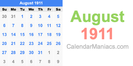 August 1911 Calendar August 1911