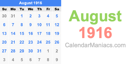 August 1916 Calendar August 1916