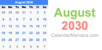 August 2030 Calendar August 2030