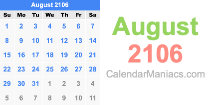 August 2106 Calendar August 2106