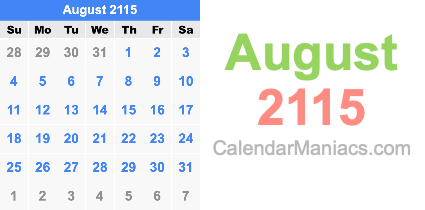 August 2115 Calendar August 2115