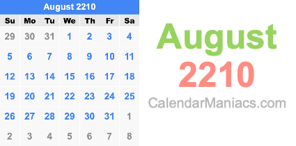 August 2210 Calendar August 2210
