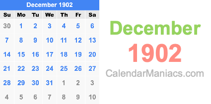 December 1902 Calendar December 1902