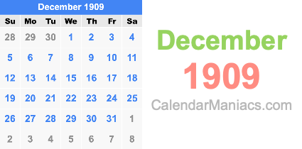 December 1909 Calendar December 1909