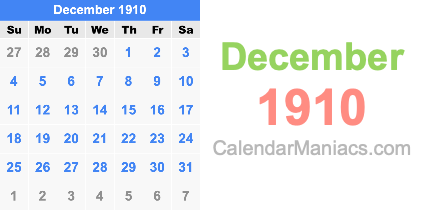 December 1910 Calendar December 1910