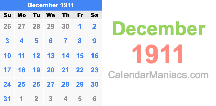 December 1911 Calendar December 1911