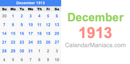 December 1913 Calendar December 1913