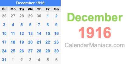 December 1916 Calendar December 1916