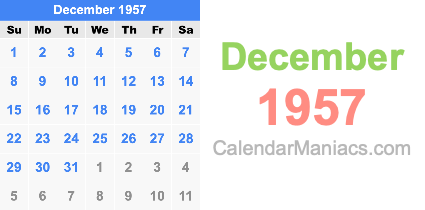 December 1957 Calendar