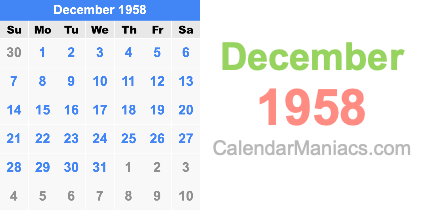 December 1958 Calendar