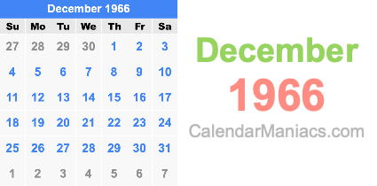 December 1966 Calendar