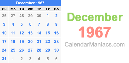 December 1967 Calendar