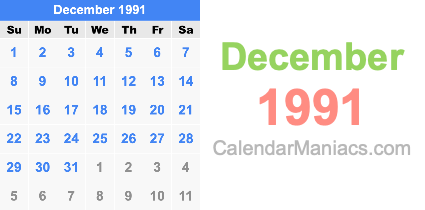 December 1991 Calendar