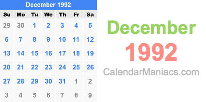 December 1992 Calendar