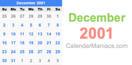 December 2001 Calendar