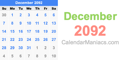 December 2092 Calendar December 2092