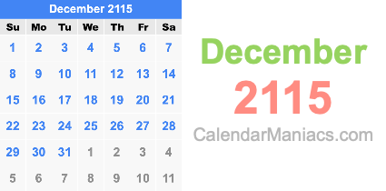 December 2115 Calendar December 2115