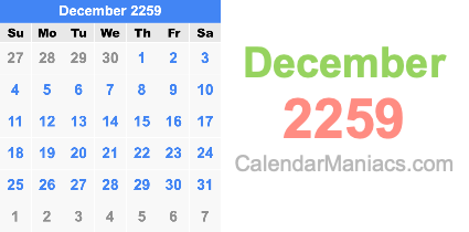 December 2259 Calendar December 2259