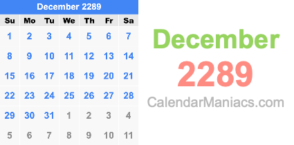December 2289 Calendar December 2289