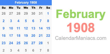February 1908 Calendar February 1908