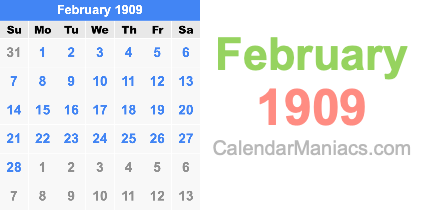 February 1909 Calendar February 1909