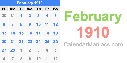 February 1910 Calendar February 1910