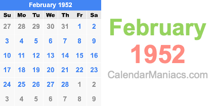 February 1952 Calendar