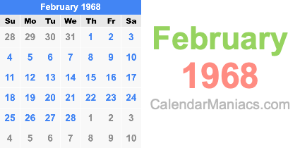 February 1968 Calendar