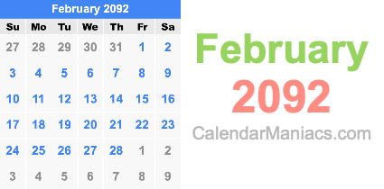 February 2092 Calendar February 2092