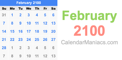 February 2100 Calendar
