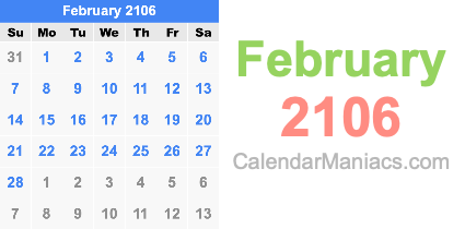 February 2106 Calendar February 2106