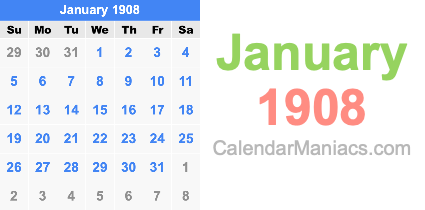 January 1908 Calendar January 1908