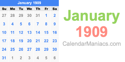 January 1909 Calendar January 1909