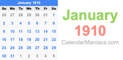 January 1910 Calendar January 1910