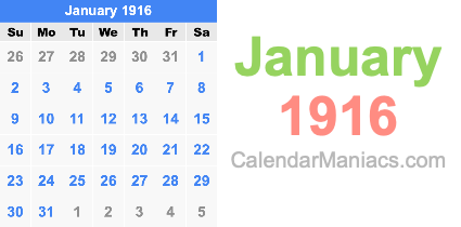 January 1916 Calendar January 1916